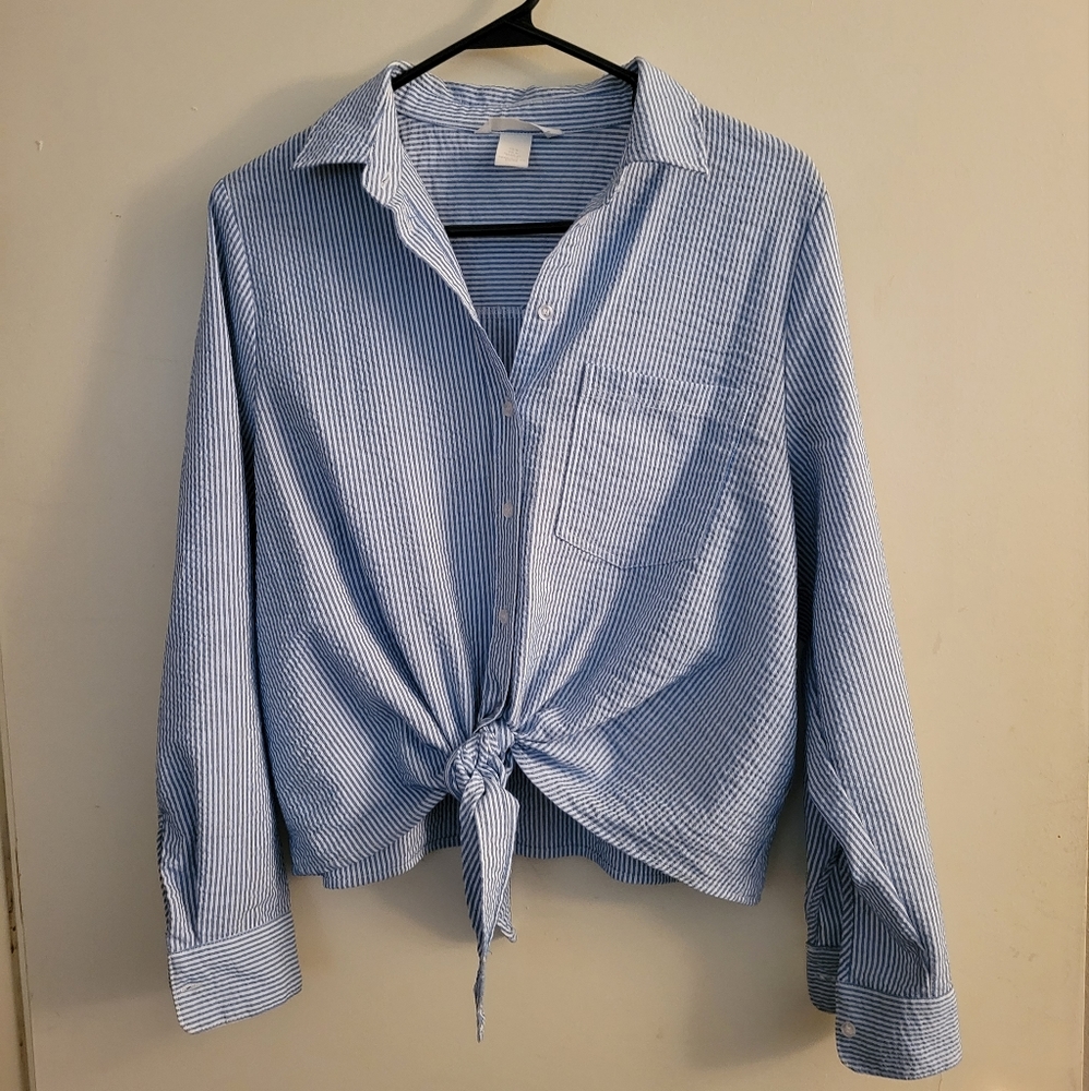 H&M Blue and White Striped Tie-Front Crop Shirt